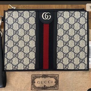 Gucci Ophidia GG Blue Canvas Pouch Bag New